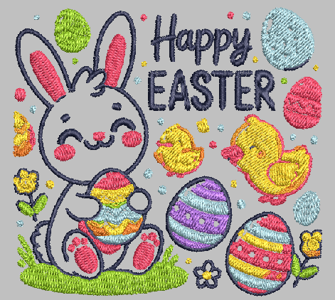 Happy Easter Bunny and Chicks Embroidery Design